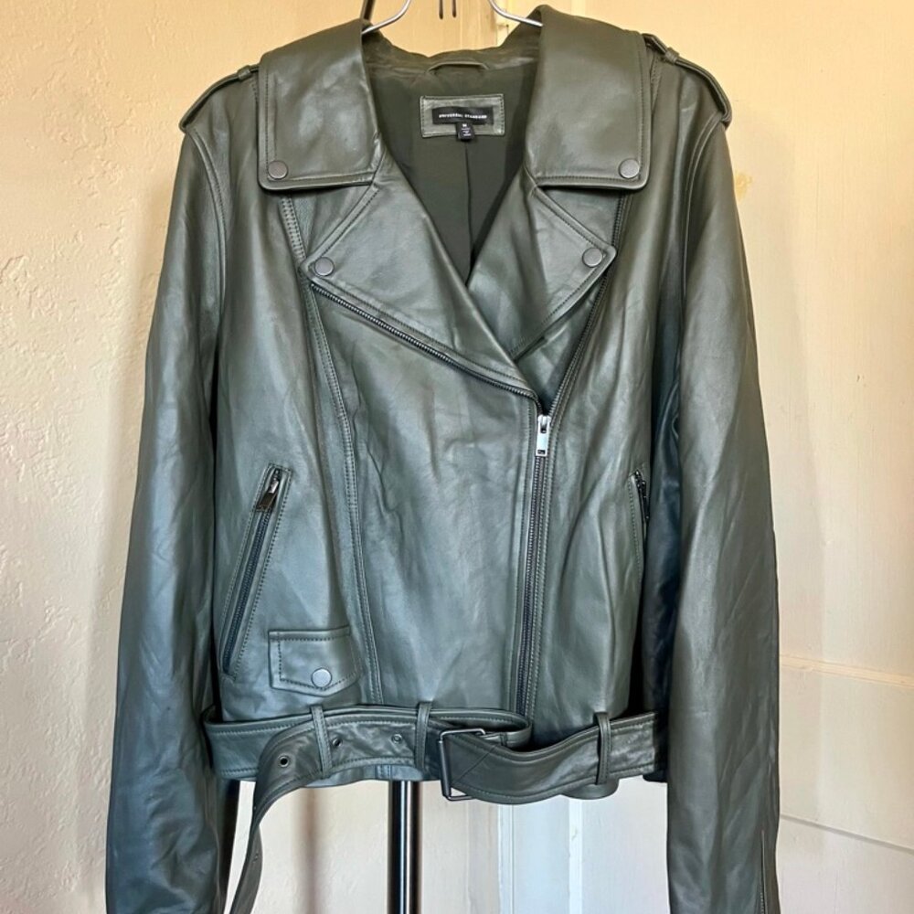 Leron real leather moto jacket, green, 18-20